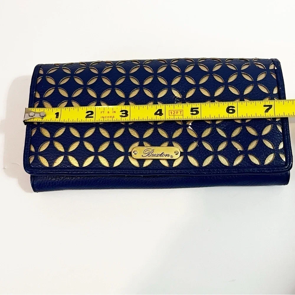 Buxton Womens Wallet Blue & Gold Lazer Cut Organizer Travel Zipper ID Holder